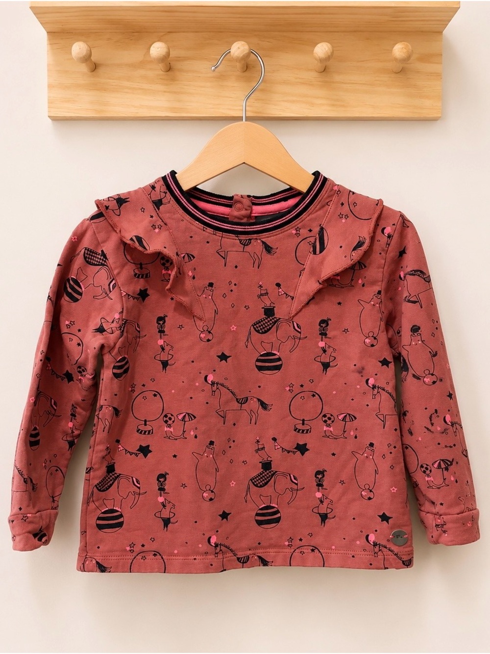 Girls' Long Sleeve Ruffle Circus Print Top - Dusty Rose